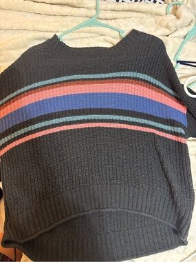 American Eagle Outfitters Dark Gray Crewneck Sweater with Pink & Blue Stripes